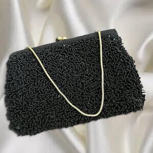 1950s-60s Goldie Black Beaded Evening Purse with Rhinestone Kiss Lock